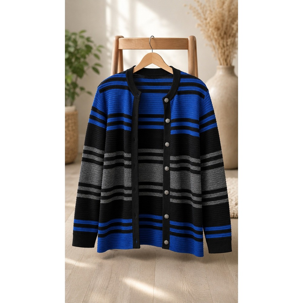 Vtg Alfred Dunner Ribbed Stripe Cardigan Sweater Jacket Blue Gray Black M USA